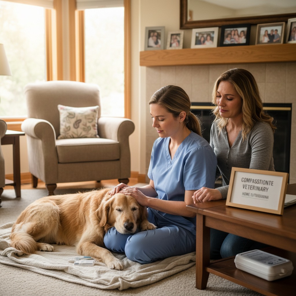 A female veterinarian in blue scrubs pets an elderly golden retriever resting on a blanket, while a woman sits behind them with a compassionate expression in a living room.